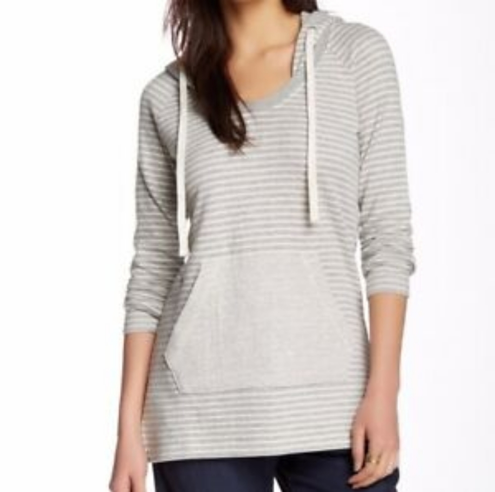 James Perse Designer Striped Pullover Hoodie Heather Grey White